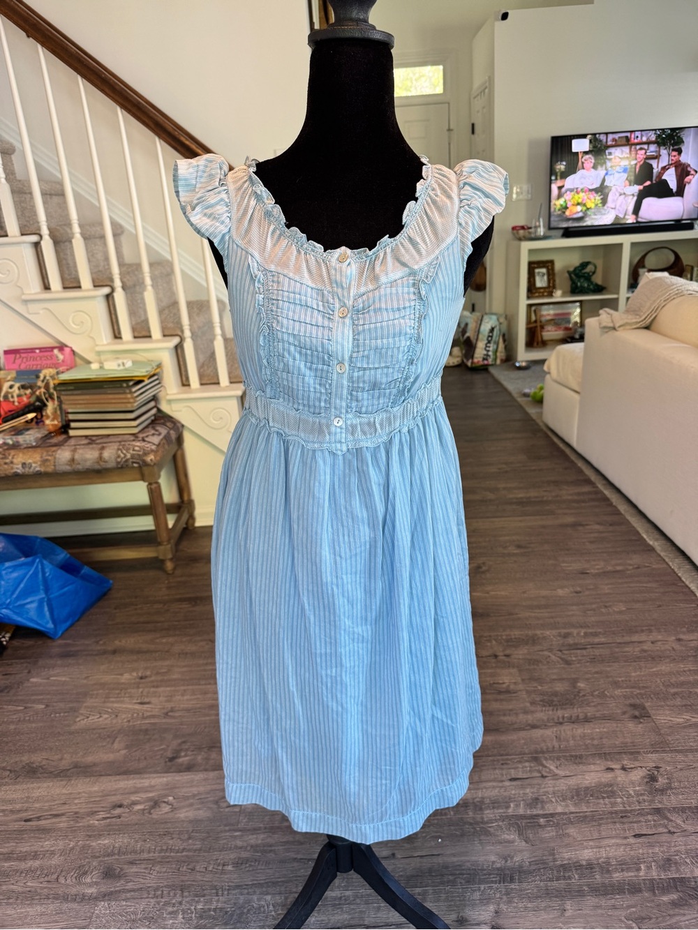 Sophie Max Light Blue Striped Ruffle-Neck Midi Dress